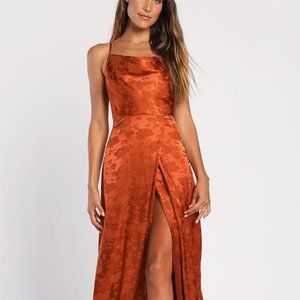 LULUS Simply Dreamy Rust Orange Satin Floral Jacquard Maxi Dress 🧡 (Size: S)